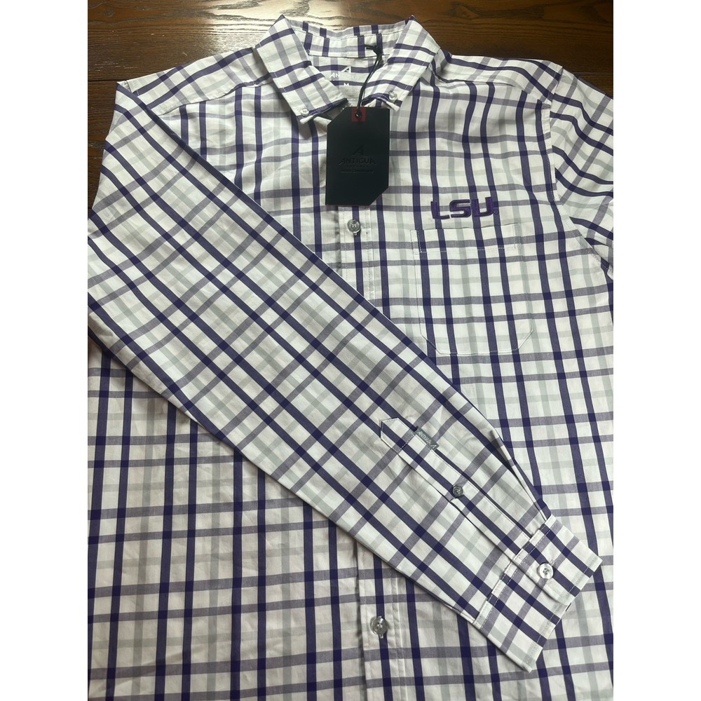 NEW LSU TIGERS Antigua Men's Purple White Button Down Long Sleeve Shirt Medium